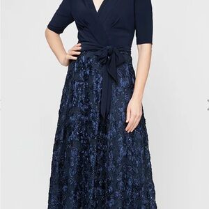 Navy Blue Lace & Jersey Cocktail Dress with Full Rosette Lace Skirt and tie belt